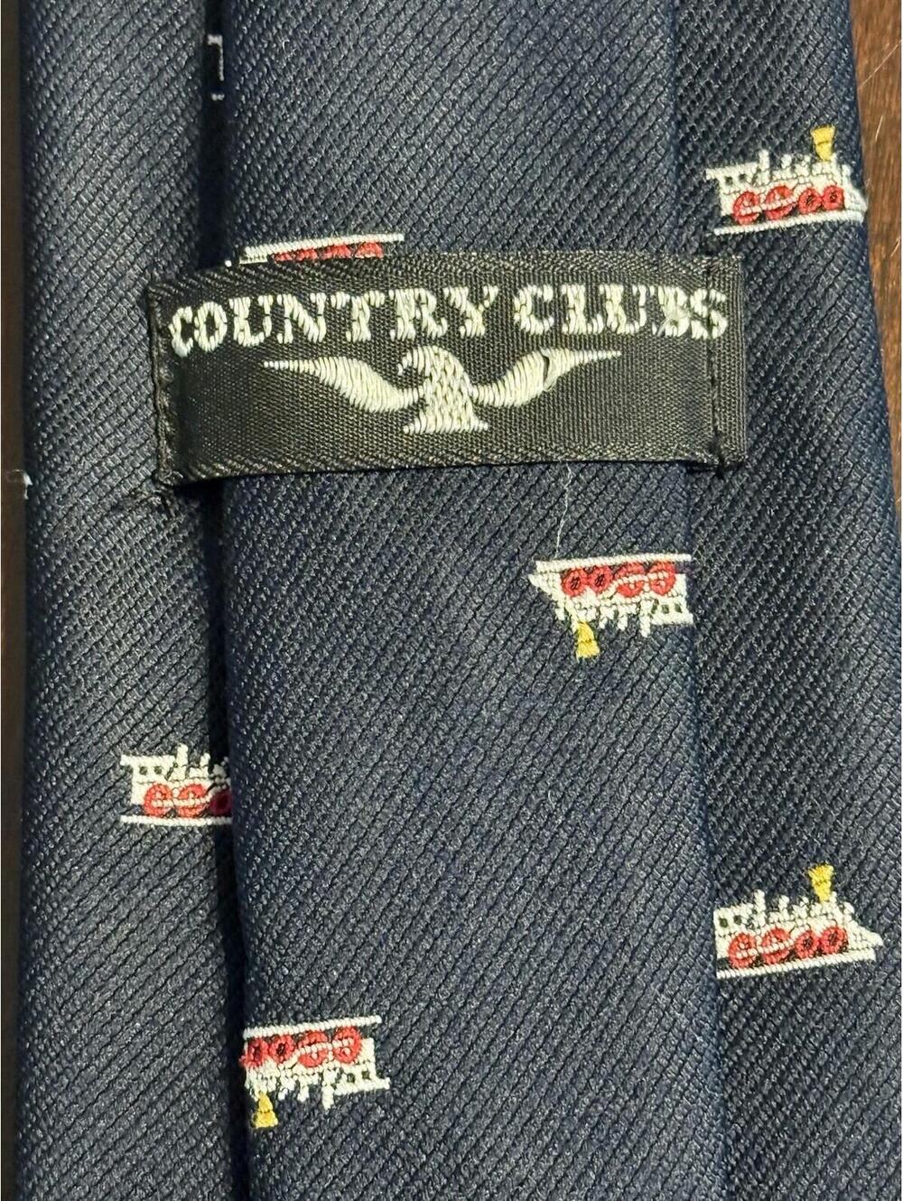 Country Clubs Navy Blue Polyester Tie w/ Trains 3 1/4” Vintage